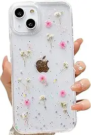 LSEEKA for iPhone 13 Mini/Clear Case with Pressed Real Flowers Design, Glitter Cute Pink Floral Pattern Slim Soft TPU Protective Women's Phone Cover