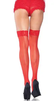 Lace Top Sheer Red Back Seam Thigh High Stockings