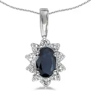 [LXR] 10k White Gold Oval Sapphire And Diamond Pendant