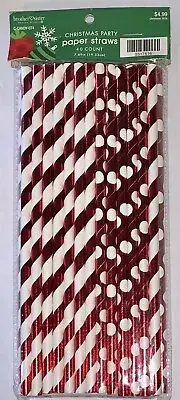 40 Ct Shiny Red/White Stripes & Polka Dots Paper Straws Christmas Valentines NEW