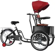 Tandem Tricycle with Front seat,Cruiser Bike Trike with Removable Canopy and guardrail,Rickshaw Tricycle with Pedals,3 Wheels Bicycle with Training Wheels