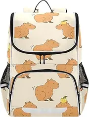 [AIXIWAWA] (Capybara Sitting Kids Backpack for School Travel Hiking, Large Capacity Causal Daypack School Bag with Reflective Strips for Boys Girls, Brown, 12.2×7.8×16.1 INCH, Daypack Backpacks