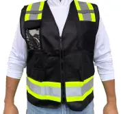 Surveyor Solid Black Two Tones Safety Vest ,With Multi-Pocket Tool/ Photo ID