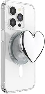 PopSockets PopGrip for MagSafe, Magnetic Phone Grip & Stand, Swappable Top, Secure Grip for iPhone MagSafe Cases, Kickstand for Hands-Free Viewing, Wireless Charging Compatible - Enamel Silver Heart