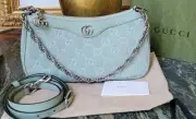 GUCCI NWT Ophidia Small Green GG Denim Leather Trim Shoulder Bag Chain & Strap