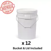 Bulk 12 x 20L Plastic Food Grade Pail Buckets - 20 Litre Bucket Pails Tamper Lid