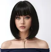 QUEENTAS Short Bob Black Wigs for Women Shoulder Length Straight Synthetic Hair wig with bangs(12inch)