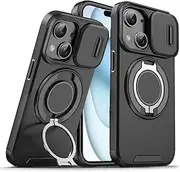 for iPhone 15 Plus Case,iPhone 14 Plus Case with[Slide Camera Cover][360° Rotate Ring Stand][Military-Grade Protective] Heavy Duty Shockproof Phone Case for iPhone 15 Plus/iPhone 14 Plus-Black
