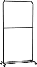 SONGMICS Clothes Rack with Wheels, Double-Rod Clothing Rack for Hanging Clothes, 25.4mm Metal Garment Rack with Dense Mesh Storage Shelf, 110 lb Load Capacity, 2 Brakes, Black UHSR027B01