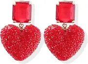 [Frodete] Red Heart Earrings for Women Rhinestone Heart Dangle Earring Crystal Love Heart Drop Earrings Wedding Prom Earring for Girls Brides