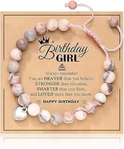 [BIRLOZA] 4-16 Years Birthday Gifts for Girls, Pink Zebra Natural Stone Bracelet with Cute Heart Pendant and Message Card for Daughter/Granddaughter/Niece Birthday Gifts for Girls