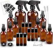 Glass Spray Bottles Kits, BonyTek Empty 12 10 ml Roller Bottles, 12 Amber Essential Oil Bottle(216oz,24oz,82oz) with Labels for Aromatherapy Cleaning Products