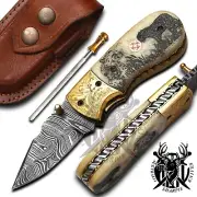 Camel Bone Engrave Custom Handmade Damascus Camping Hunting Folding Pocket Knife