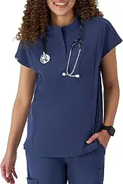 [Hanes] Women's Healthcare Top with Mandarin Collar, Moisture-Wicking Stretch Scrub Shirt