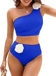 [Jolefille] Women One Shoulder Swimsuits High Waisted Tummy Control Bikini Sets 2 Piece High Cut Cheeky Bathing Suit 3D Flower, Dark Blue Swimsuits, Large