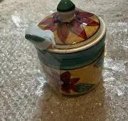 Ceramic Sugar Bowl Storage Container with spoon Floral red blue and yellow New