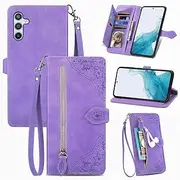 SATURCASE Case for Samsung Galaxy A54 5G, Flower Embossing PU Leather Flip Magnet Wallet Zipper Pocket Stand Card Slots Lanyard Protective Cover for Samsung Galaxy A54 5G (Purple)