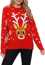 [KEAIDO] Christmas Ugly Sweater Women Pullover Red Knit Fair Isle Long Sleeve Top Reindeer Snowflake Winter Funny Cardigan