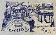 Gillian Kyle Scotland Pure Cotton Tea Towel Blue White Porage Porridge Whiskey