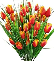 Guagb 8 Bundles Outdoor Artificial Tulips Fake Flowers UV Resistant Faux Plastic Greenery Shrubs Plants for Home Outside Garden Porch Window Farmhouse Decor (Orange)