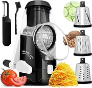 [BASSWOOD] Rotary Cheese Grater with Handle - Mandoline Slicer with 3 Stainless Steel Drum Blades-Vegetable Slicer Walnuts Grinder Cheese Shredder Round Mandoline with Peeler (Black)