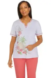 Alfred Dunner Key Largo Pineapple Stripe Shirt Petite 83754SP