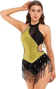 [Hedmy] Women One Piece Tassels Shiny Sequins Ballroom Latin Dance Leotard Flowy Fringe Bodysuit Dancewear