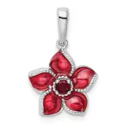 Sterling Silver Rhod-Plated Created Ruby And Enamel Flower Pendant