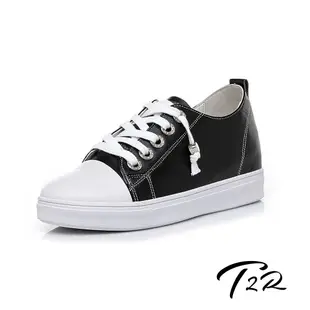 【T2R】正韓空運-真皮帆布鞋小白鞋隱形增高鞋-增高6公分-黑(5985-1910)