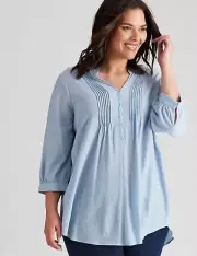 Autograph Top PLUS Size 22 Tunic Shirt Blouse 3/4 Slv Pintuck Blue Viscose Blend