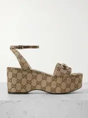 [Gucci] Gucci - Lady Horsebit-embellished Canvas-jacquard Platform Sandals - Beige - IT39.5 IT 39.5 Neutrals