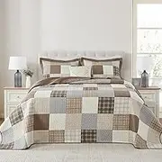 FineStichery 100% Cotton King Bedspread 120"x120", Oversized Quilt Bedspread Coverlet Set, Farmhouse Plaid Patchwork Pattern, Reversible Quilted Bedding Set, 3 Pieces, Khaki/Gray/Brown