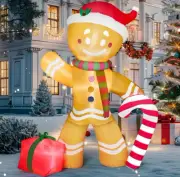 8 FT Christmas Inflatable Gingerbread Man with Candy Cane Yard Decor with LED
