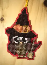 Handmade Cross Stitch Halloween Ornament-Completed-Witch Owl-Spooky-Home Decor