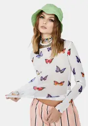 [Daisy Street] White Butterfly Print Mesh Top