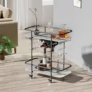 Benoss Black Home Bar Cart on Wheels, Mobile Serving Wine Cart with Glass Holder and Wine Rack, Modern Rolling Drink Trolley for Coffee Tea Wine, Beverage Bar Cart for Dinning Room Kitchen Party Black