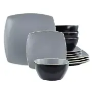 Hometrends Soho Lounge 12 Piece Square Stoneware Dinnerware Set in Grey & Black