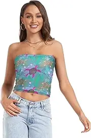 [RPLIFE] Whimsical Sea Turtles Blue Women Tube Top Womens Strapless Top, Sheer Tube Tops, Trendy Crop Tops (S)