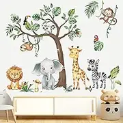 decalmile Jungle Forest Animals Tree Wall Sticker Safari Elephant Giraffe Monkey Wall Decoration for Kids Rooms, Classrooms, Multi-Coloured Vinyl Sticker
