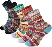 [YANGYANG] Wool Socks for Women, 5 Pairs Winter Warm Thick Crew Knit Socks Vintage Cozy Soft Cute Nordic Cabin Gifts