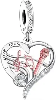 [Mon & Sons] I Love Music Heart DJ Singer Musician Artist Charm Bead Pendant 925 Sterling Silver Dangle Compatible With Pandora Charm Bracelet, Metal