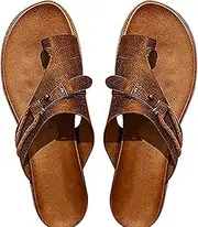 [Shot Case] Summer Orthopedic Sandals for Women Toe Loop Sandals Orthopedic Correction Leather Ring Toe Casual Bunion Slippers Shoes Flat Heel Flip Flops,Brown,US5/EU36