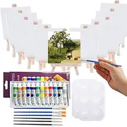 12 Pack Mini Easel Set With paint set, 3" x 5" Mini Art Easel Stand with Canvas Set, Tabletop Bamboo Display Stand and Canvas Panels With paint set for Artist, Students, Adults, Kids Painting, Gift Sets