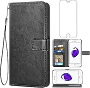 Compatible with iPhone 7/8/SE 2020/2022 Wallet Case Tempered Glass Screen Protector Leather Flip Card Holder Phone Cover for iPhone7 iPhone8 7s 8s i SE2020 SE2022 2/2nd/3/3rd Generation SE2 SE3 Black