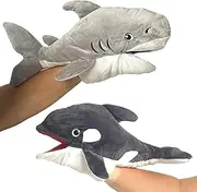 Shark and Orca Sea Animal Hand Puppets - 2 Pack Soft Plush Toys with Moveable Mouths