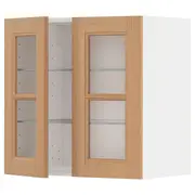 METOD wall cabinet w shelves/2 glass drs, white/Vedhamn oak, 60x37x60 cm