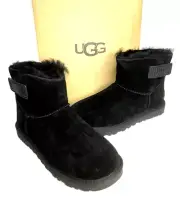 UGG Womens Mini Bailey Logo Strap Suede Boots Black 8 US Size With Box NEW