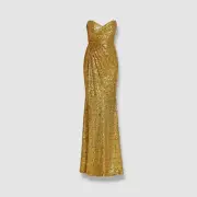 $882 Badgley Mischka Women's Gold Sequin Draped Strapless Gown Dress Size 14