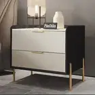 Wooden Bedside Table Drawers Side Table Nightstand w/ Stoned Top & Leather Sides