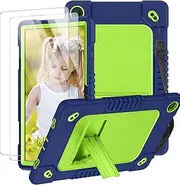 [Kebiory] for Samsung Galaxy Tab A9 Plus 11 Inch 2023 Shockproof Case With HD Tempered Glass Screen Protector Shoulder Strap Stand Kids Friendly Case for Samsung A9 Plus SM-X210/X216/X218 (Navy-Gr+2Pcs)